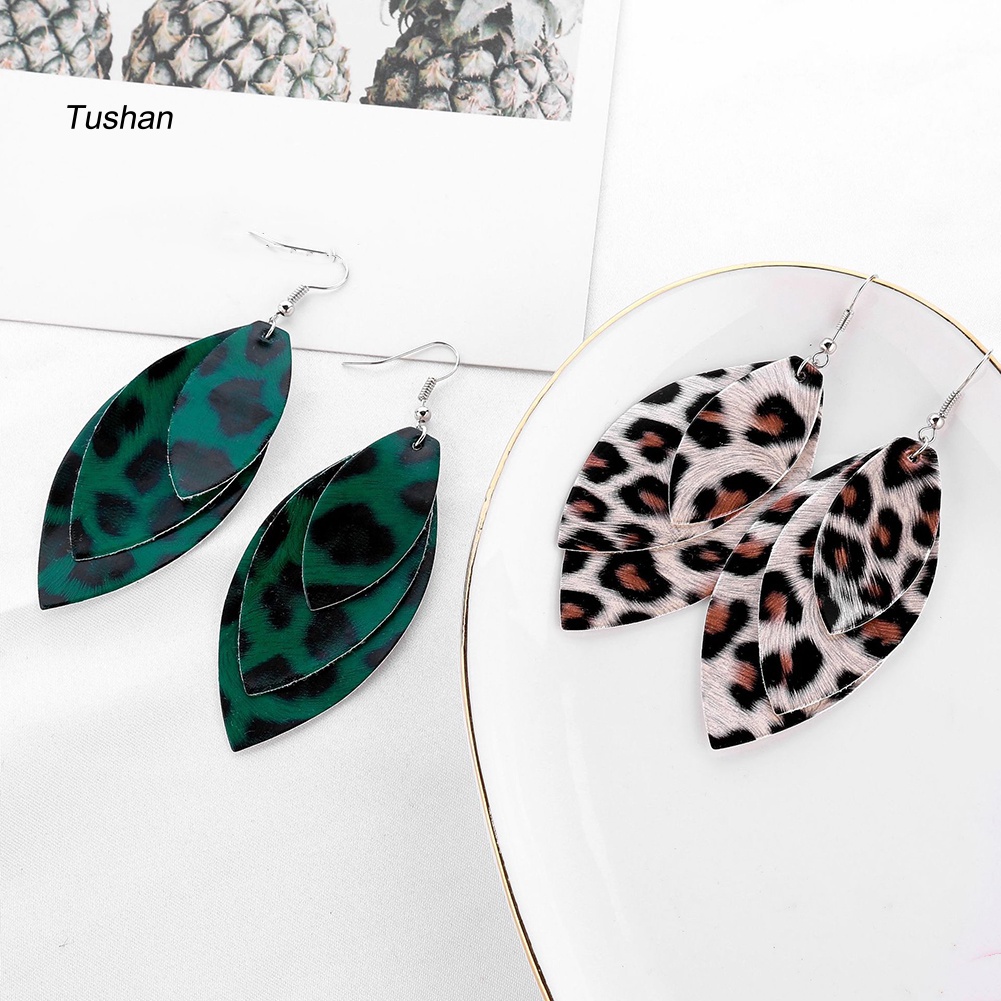 Bông Tai Móc Hình Chiếc Lá Ba Lớp Họa Tiết Da Báo Thời Trang Dành Cho Nữ