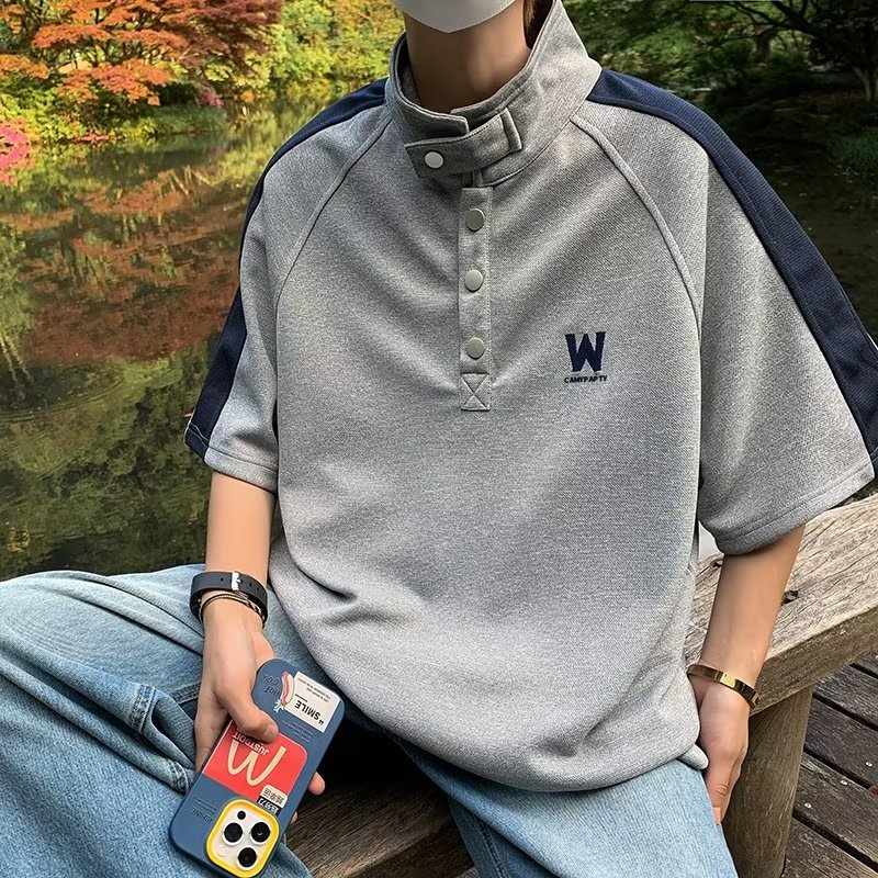 Áo Thun Polo Tay Ngắn Cổ Đứng Màu Tương Phản Phong Cách Retro Mỹ Cho Nam