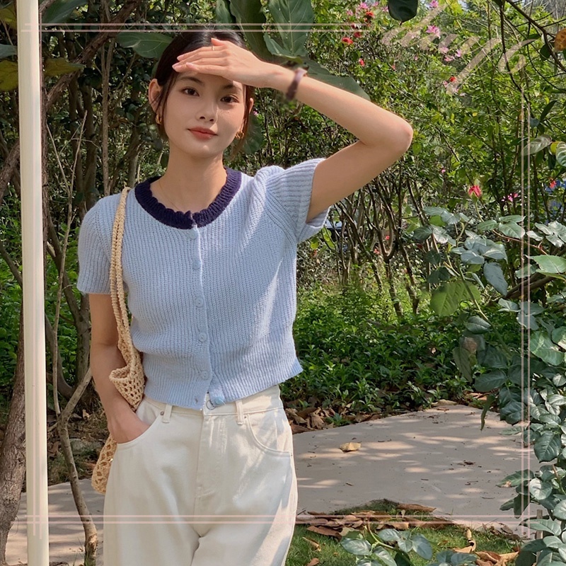 Áo Croptop Dệt Kim Tay Ngắn Cổ Tròn Màu Sắc Tương Phản Ngọt Ngào Thời Trang Cho Nữ