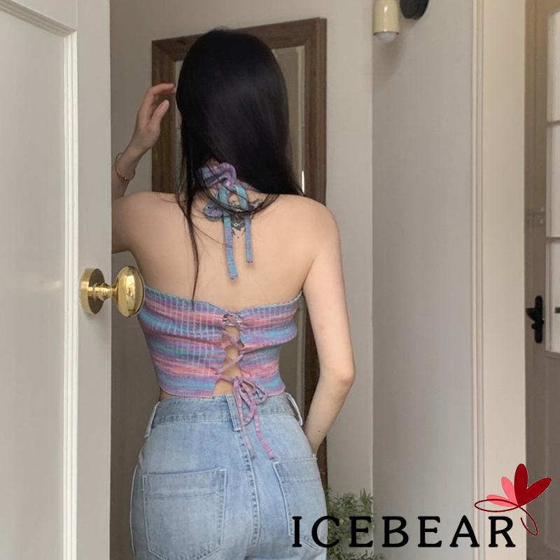 Áo Croptop Dệt Kim Không Tay Dây Chéo Lưng In Họa Tiết Kẻ Sọc Cho Nữ