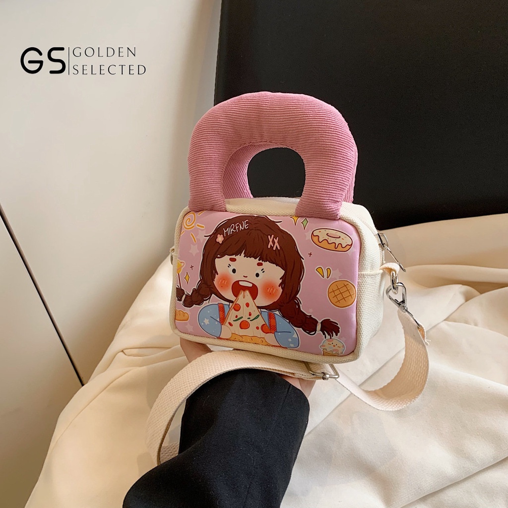 Túi Đeo Chéo Vải Canvas Mềm Dáng Vuông Nhỏ In Họa Tiết Hoạt Hình Vui Nhộn Dễ Phối Đồ Thời Trang Cho Nữ
