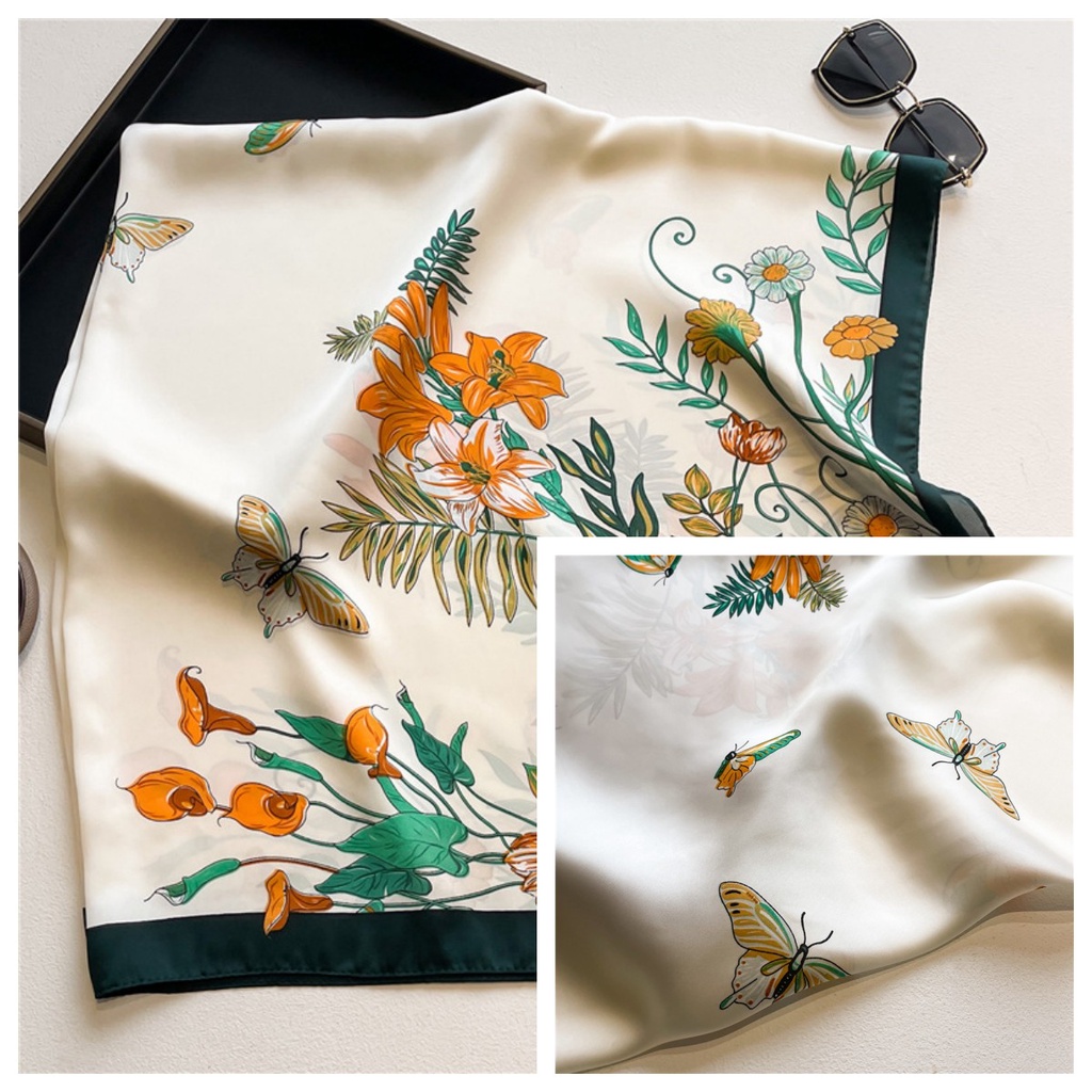 Khăn Choàng Cổ Hình Vuông Cỡ Lớn 110cm Vải Lụa Satin In Họa Tiết Hoa Và Bướm Thời Trang Mùa Hè Dễ Phối Đồ