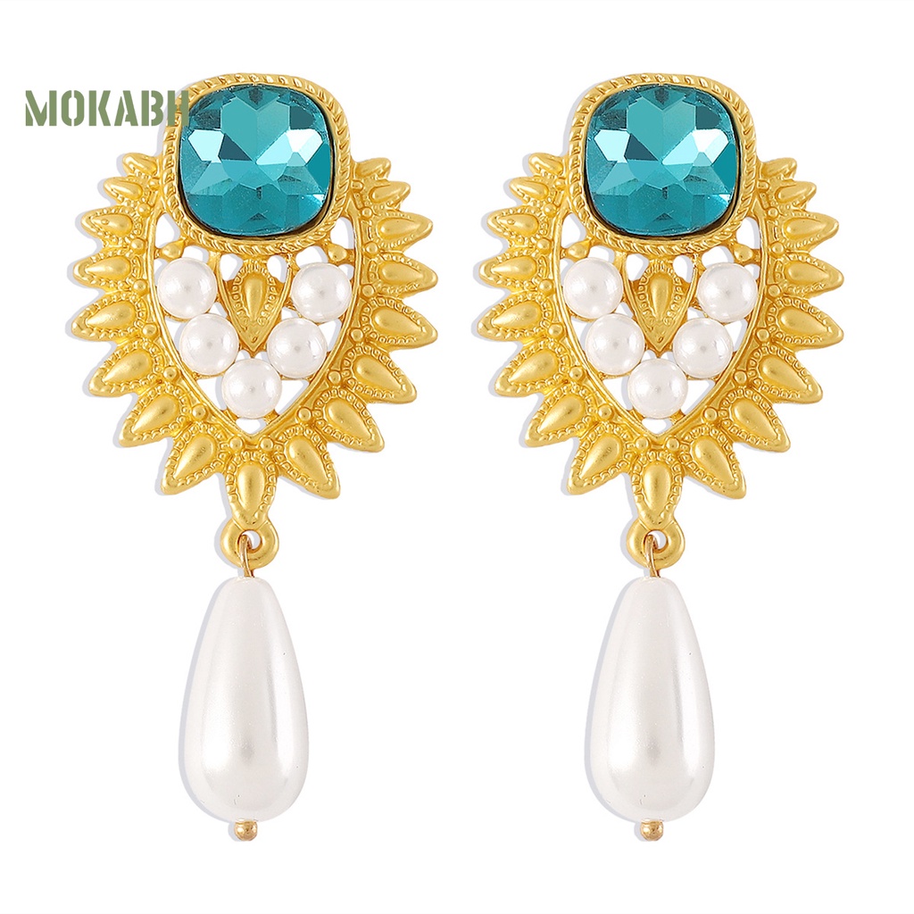 1 Đôi Bông Tai Đính Đá Ngọc Trai Nhân Tạo Màu Xanh Dương Phong Cách Thời Trung Cổ Thời Trang