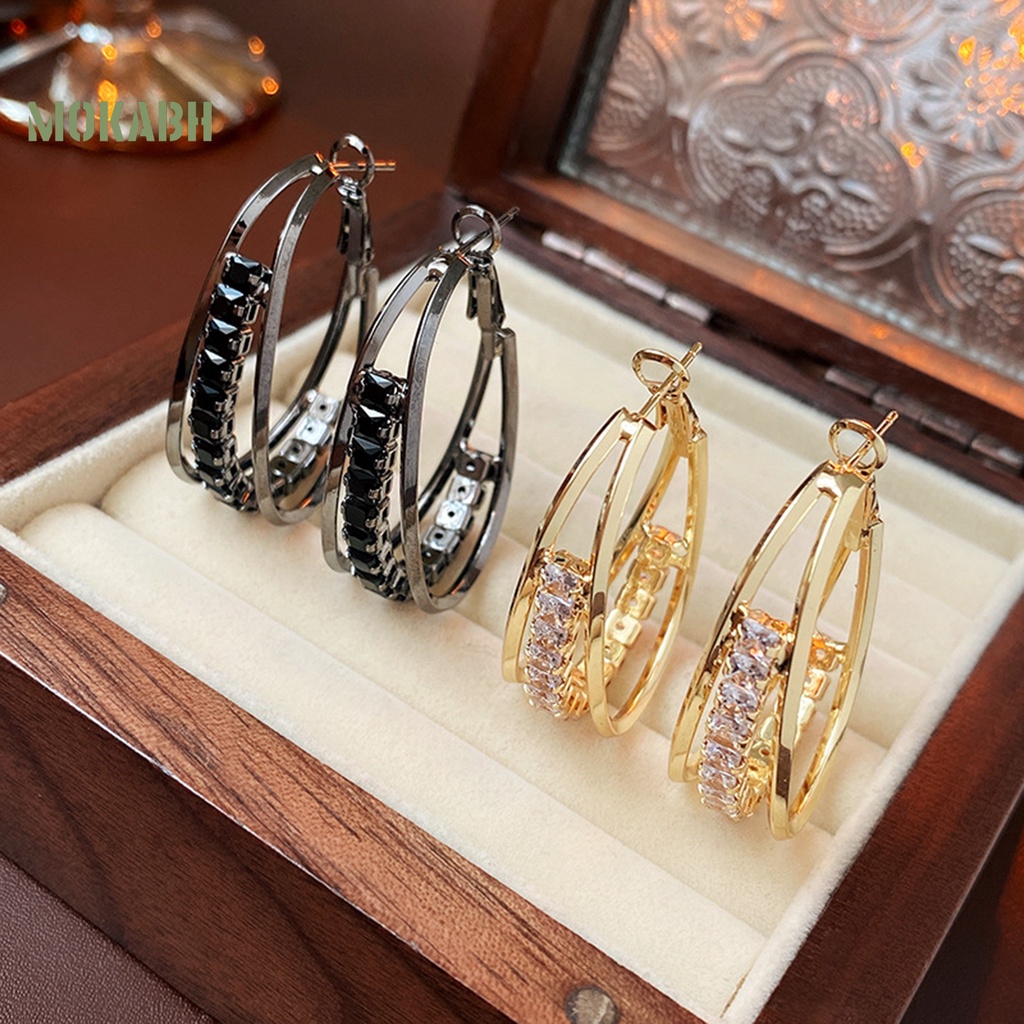 1 Đôi Bông Tai Tròn Hai Lớp Đính Đá Zircon Thời Trang