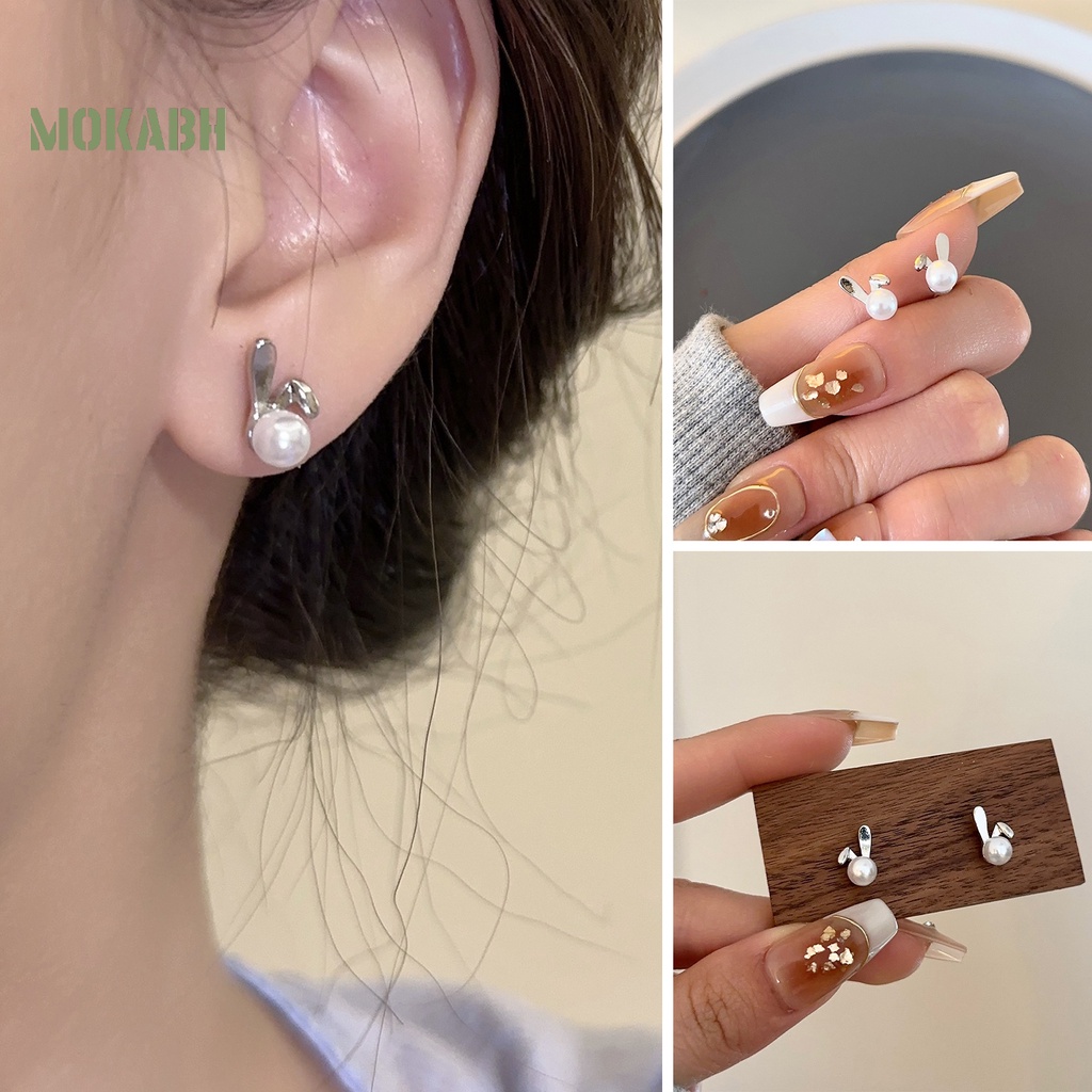 1 Đôi Bông Tai Hình Thỏ Đính Ngọc Trai Giả Bằng Hợp Kim Thời Trang Dành Cho Nữ