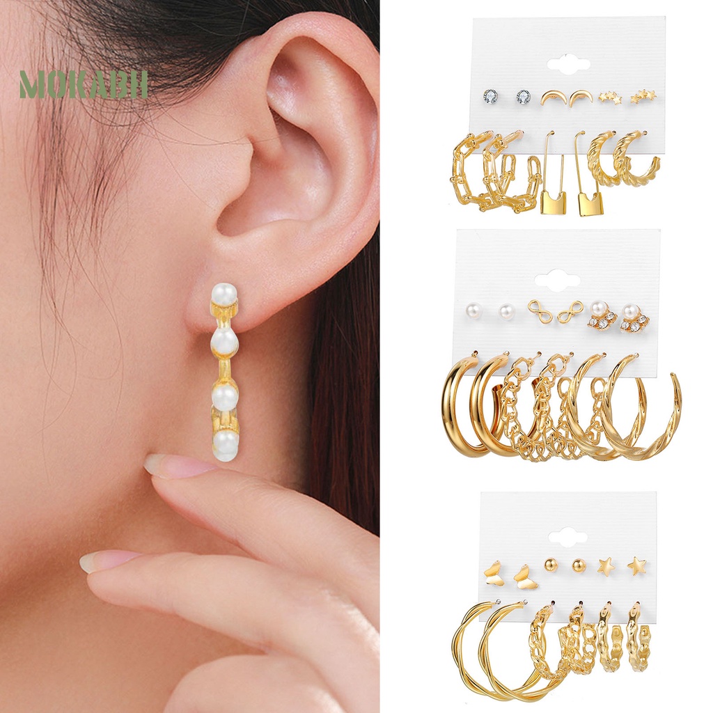 Set 6 Đôi Bông Tai Khoen Tròn Đính Ngọc Trai Giả Sang Trọng Cho Nữ