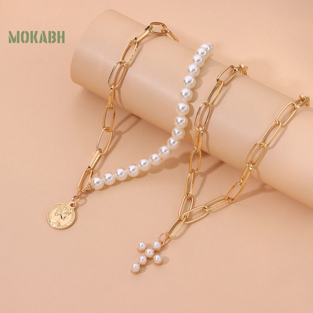 Vòng cổ Hai Lớp Đính Ngọc Trai Nhân Tạo Dây Hình Thánh Giá Có Thể Điều Chỉnh