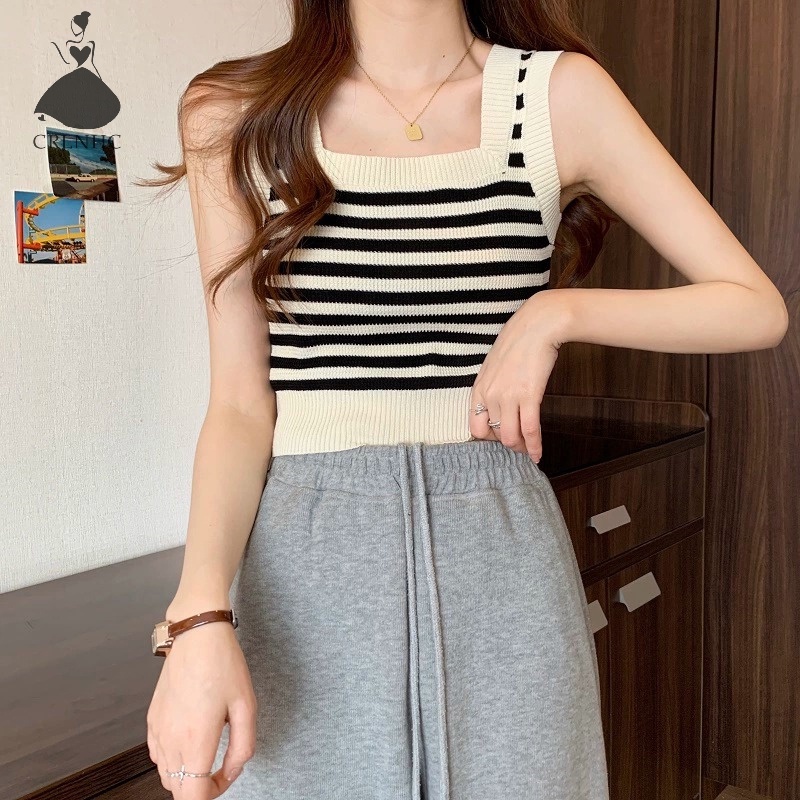 Áo Hai Dây Dệt Kim Kẻ Sọc Dáng Ôm Thời Trang Mùa Hè Vintage Cho Nữ