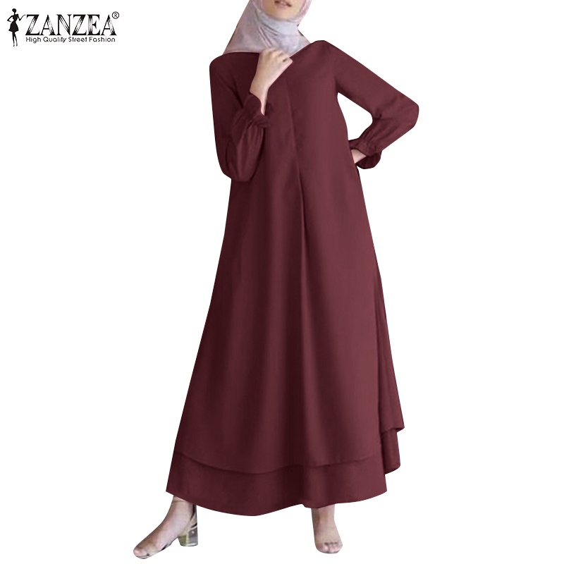 Đầm ZANZEA dài tay phối bèo nhún thời trang cho phụ nữ Hồi giáo
