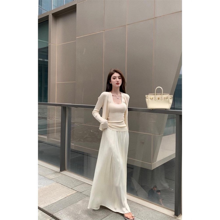 Bộ Áo Khoác Cardigan + Áo Hai Dây + Chân Váy Lưng Cao Chống Nắng Thời Trang Cho Nữ X6AJ
