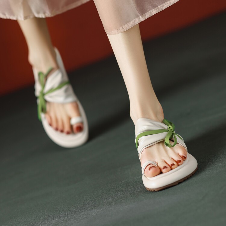 Duoya Tóc Thẳng ~ [Hàng Có Sẵn] Dép Xỏ Ngón Đế Phẳng Dày Đính Nơ Thời Trang Đi Biển Mùa Hè Cho Nữ Miễn Phí Vận Chuyển