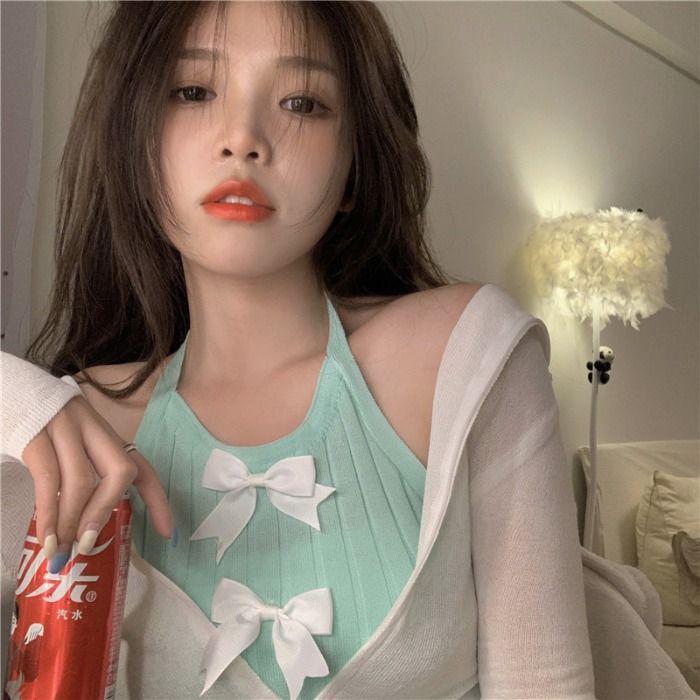 Áo Hai Dây Dệt Kim Ngắn Thắt Nơ Màu Trơn Thời Trang Mùa Hè Hàng Mới Dành Cho Bạn Nữ Mặc Ngoài Trời