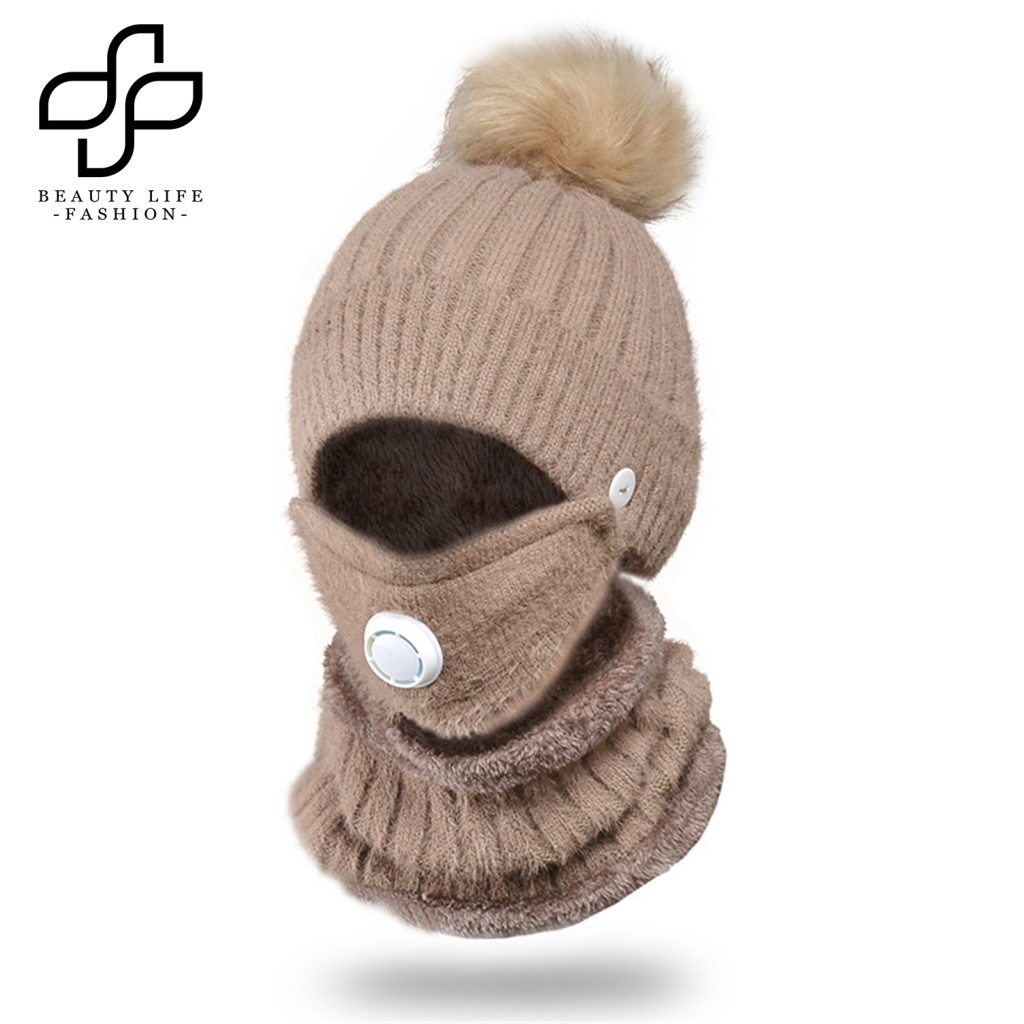 Set Mũ beanie + Khăn Choàng Cổ + Khăn Choàng Cổ Giữ Ấm Mùa Đông Thời Trang Cho Nữ