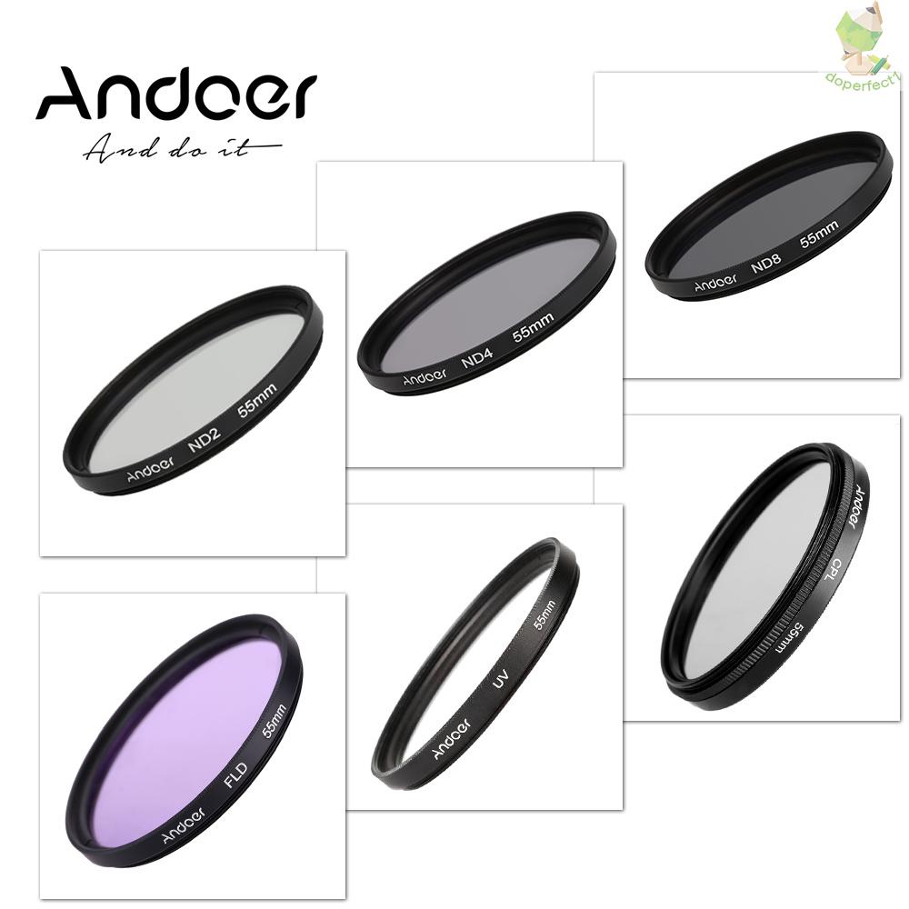 Andoer 55mm UV+CPL+FLD+ND(ND2 ND4 ND8) Photography Filter Kit Set Ultraviolet Circular-Polarizing Fluorescent Neutral De   Came-6.5