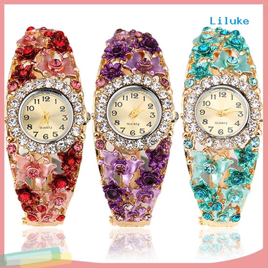 Đồng Hồ Đeo Tay Nữ Mặt Tròn Họa Tiết Hoa Và Bướm Thời Trang
