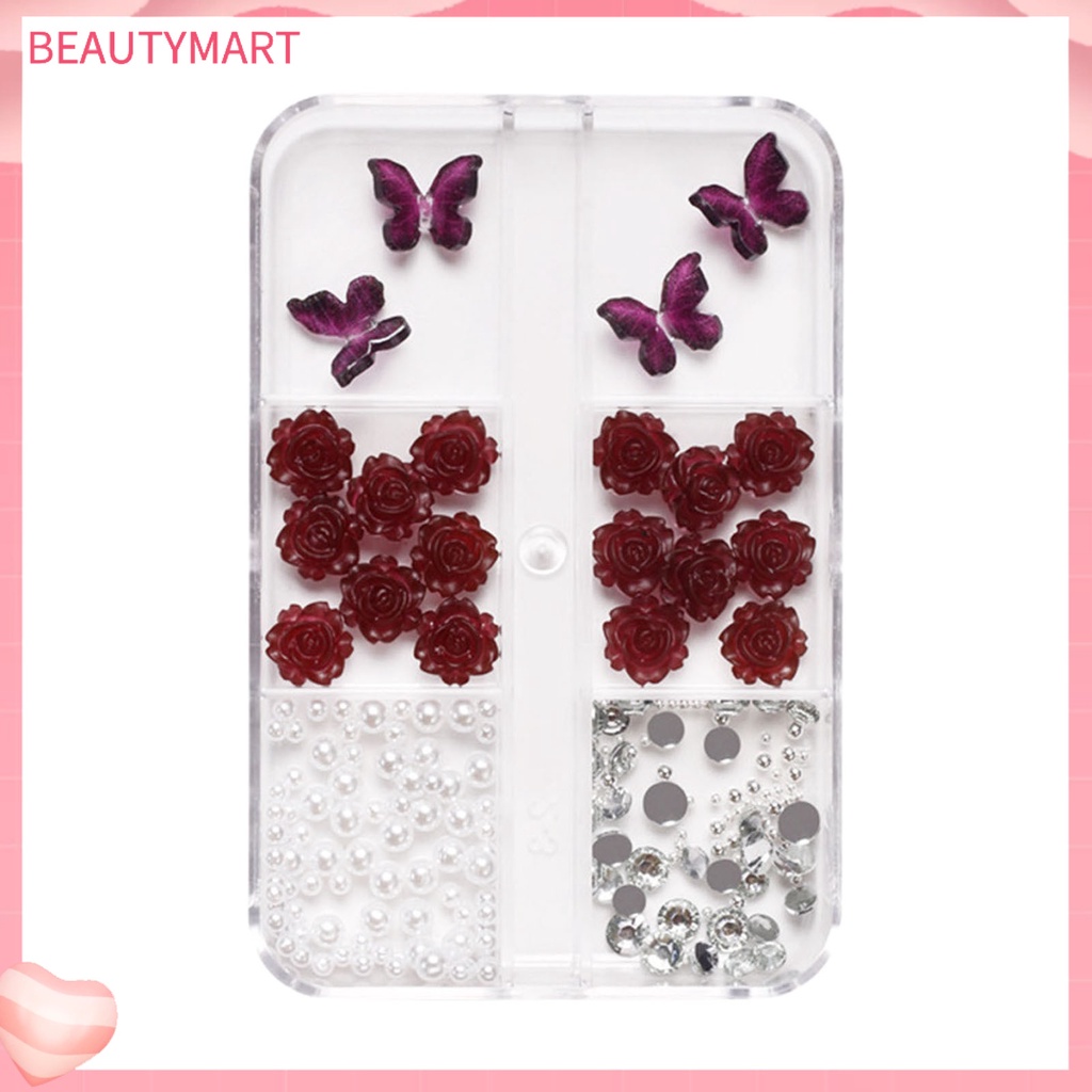 1 Hộp Phụ Kiện Trang Trí Móng Tay Hình Hoa Hồng Và Bướm 3D Bằng Nhựa Resin DIY