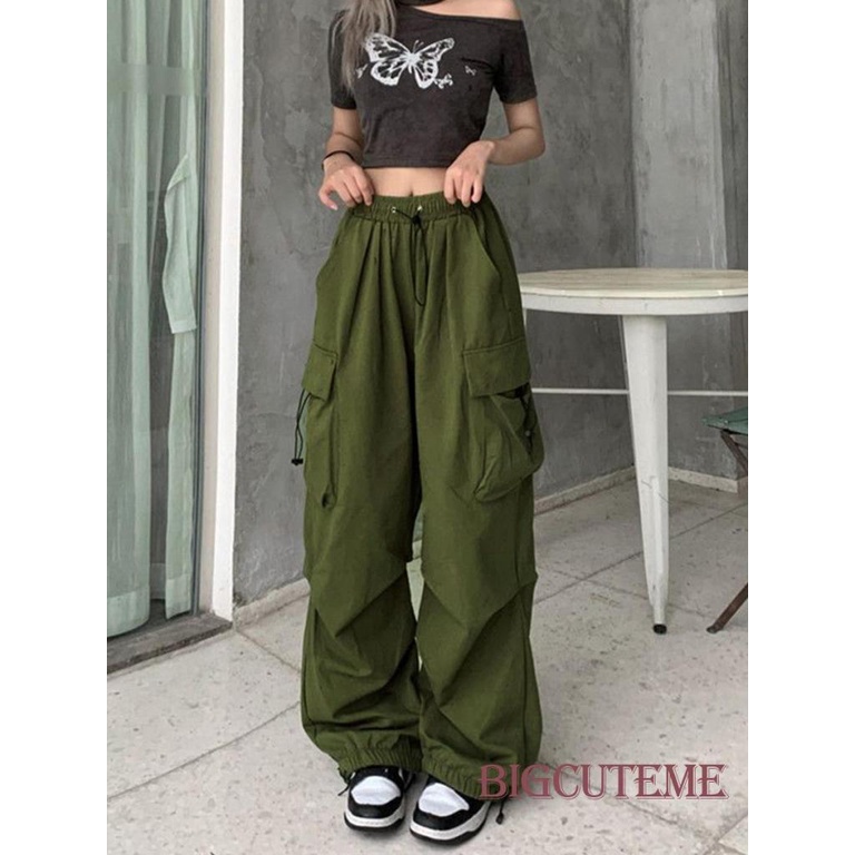 Quần Dài Dáng Suông Lưng Thun Có Túi Phong Cách Đường Phố Cho Nữ