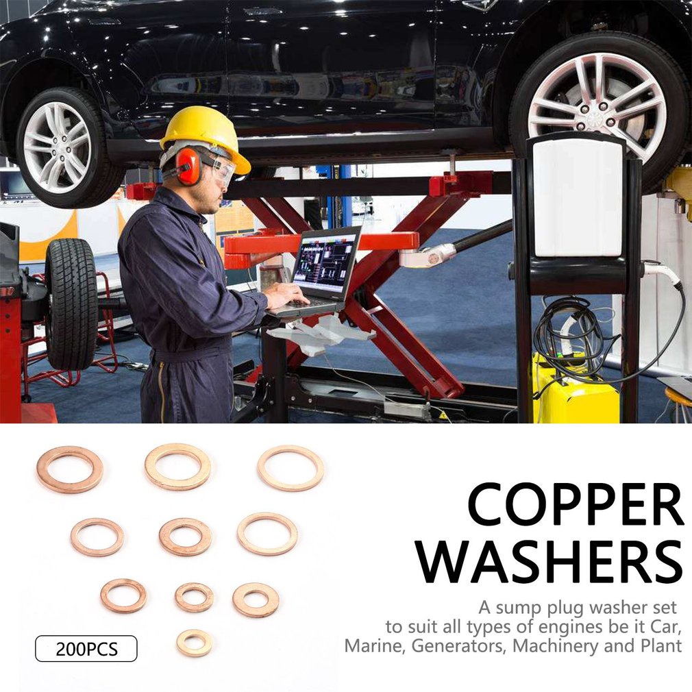 200Pcs Solid Copper Washer M5-M14 Flat Ring Sump Plug Seal Assorted Set Box Electrical Conductivity Thermal [Q/13]