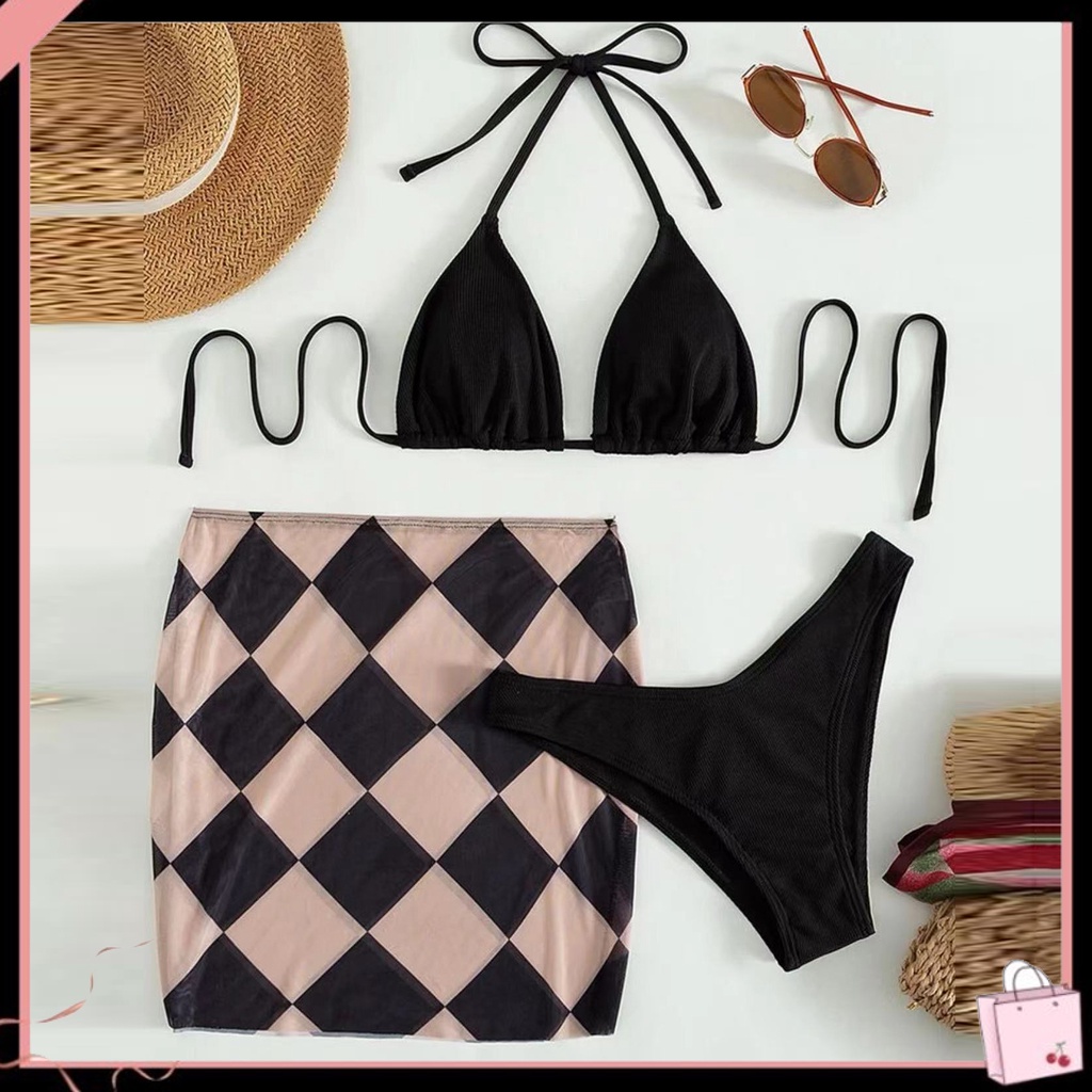 Bộ Đồ Bơi Bikini 3 Món Áo Hai Dây Nâng Ngực Phối Chân Váy In Họa Tiết Hình Học Màu Sắc Có Thể Điều Chỉnh Cho Nữ