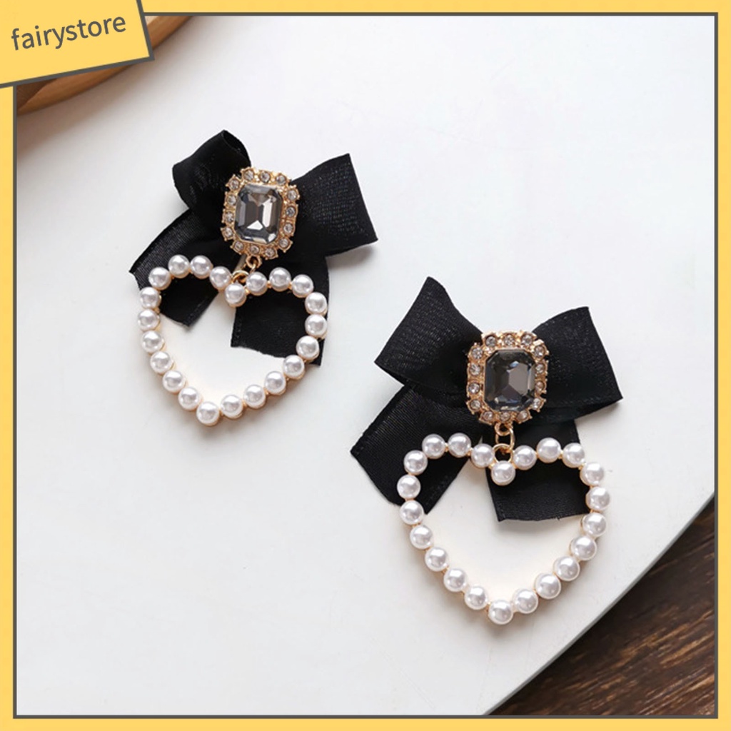 1 Đôi Bông Tai Hình Nơ Đính Ngọc Trai Giả Màu Đen Phong Cách Retro Dành Cho Nữ