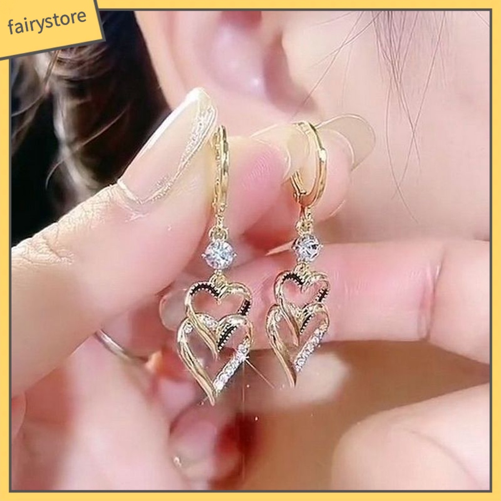 1 Đôi Bông Tai Hình Trái Tim Đính Đá Lấp Lánh Phong Cách Vintage Dành Cho Nữ