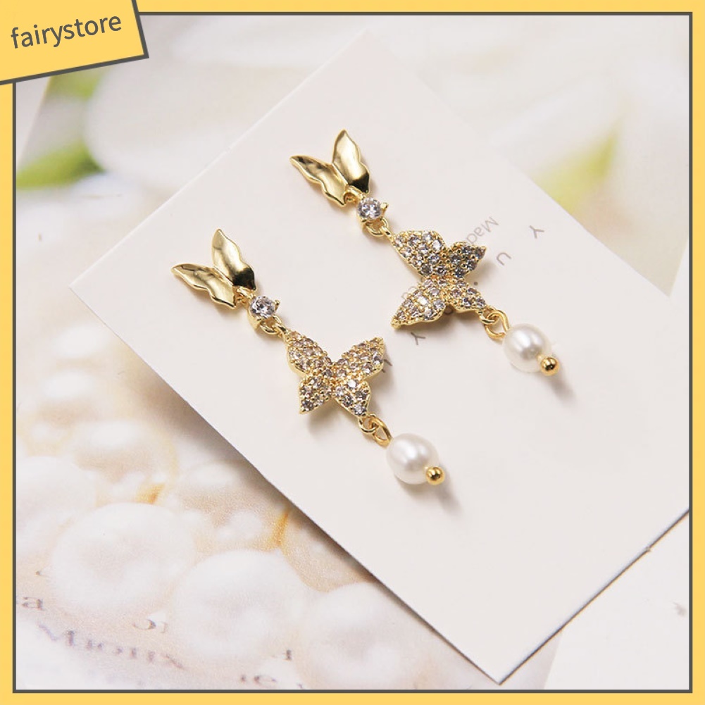 Bông Tai Hình Bướm Đính Đá Ngọc Trai Giả Thời Trang Dành Cho Nữ