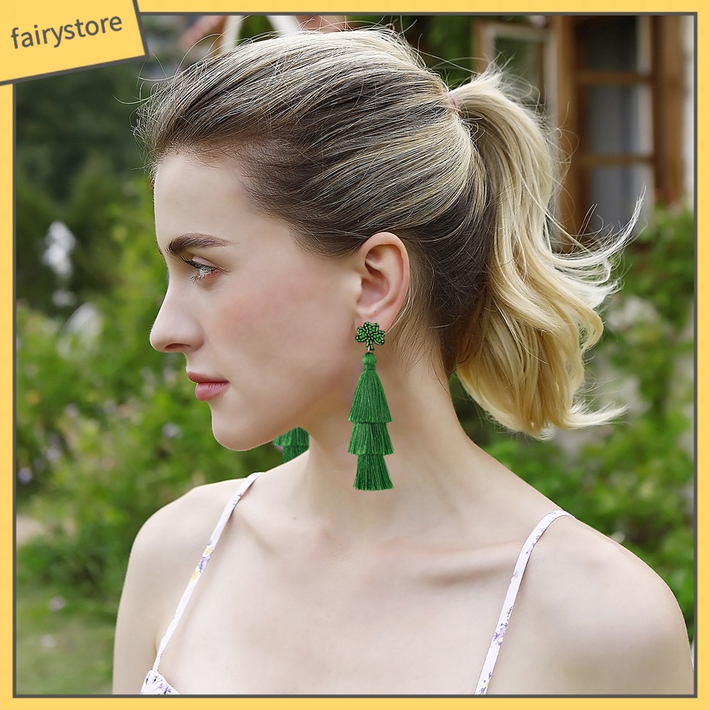 [FRO] 1 Đôi Bông Tai Lủng Lẳng Xỏ Hạt Hình Học Cá Tính Bắt Mắt Không Khí Thả Vào Lễ Hội Màu Xanh Lá Cây Nhỏ Gọn Làm Quà Tặ