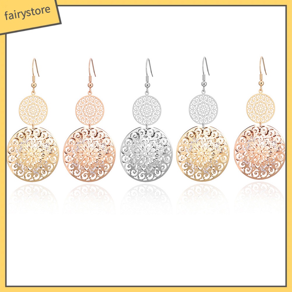 Khuyên Tai Dáng Dài Hai Lớp Chạm Khắc Thời Trang Cho Nữ