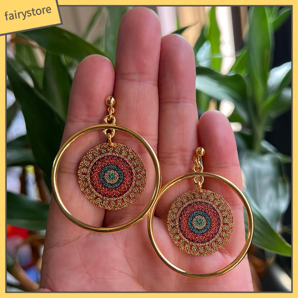 1 Đôi Bông Tai Hình Tròn Mạ Điện Họa Tiết Hình Học Phong Cách Vintage Dành Cho Nữ