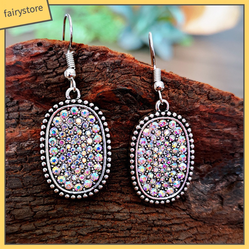 Bông Tai Hình Oval Đính Kim Cương Giả Nhiều Màu Phong Cách Vintage