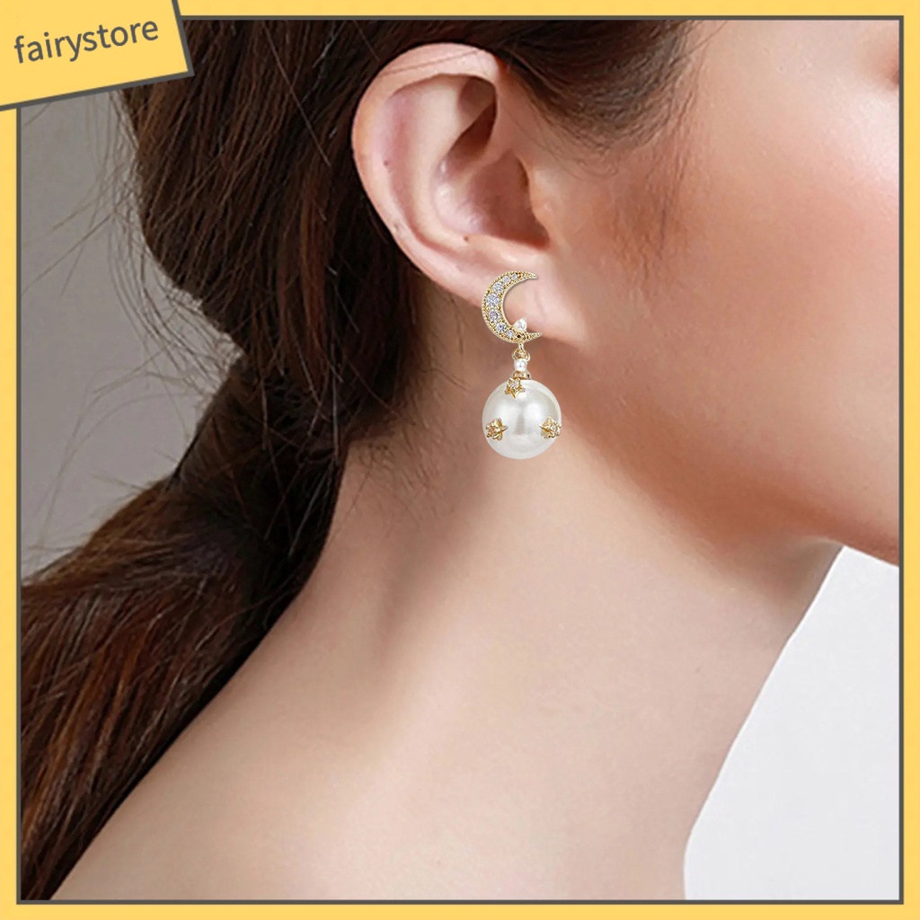 [FRO] 1 Đôi Bông Tai Bất Đối Xứng Hình Ngôi Sao Và Mặt Trăng Đính Ngọc Trai Nhân Tạo Phong Cách