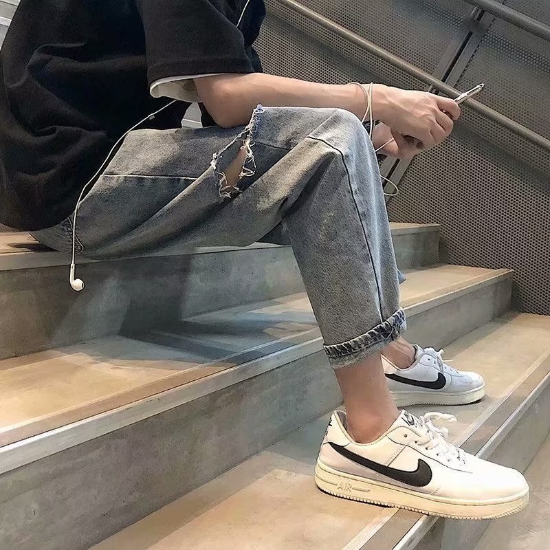 Quần Jean Dài Dáng Rộng Rách Gối Phong Cách Đường Phố Thời Trang Xuân Hè Cho Nam