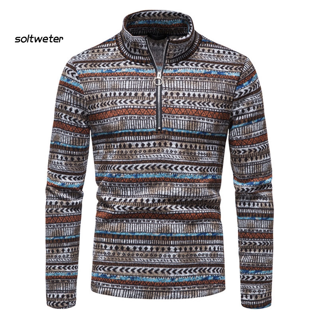 Áo Sweater Dệt Kim Tay Dài Cổ Đứng Có Khóa Kéo In Họa Tiết Thổ Cẩm Thời Trang Thu Đông Cho Nam