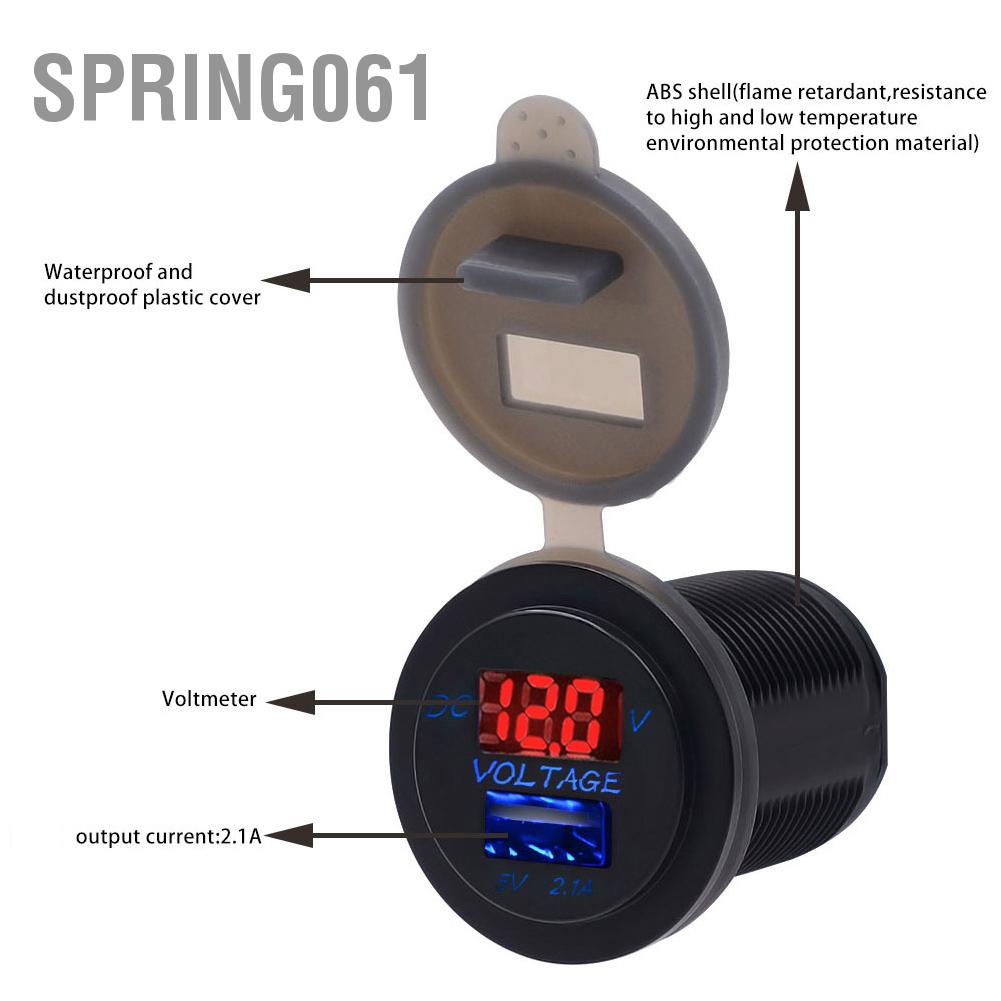 Spring061 Cổng USB Bộ sạc ô tô Hiển thị điện áp Vôn kế Nguồn xe IP66 Chống nước 2.1A