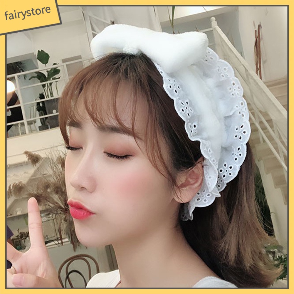 Băng Đô Rửa Mặt Trang Điểm Bằng Lông Cừu San Hô Co Giãn Cột Nơ Phối Ren Cho Nữ