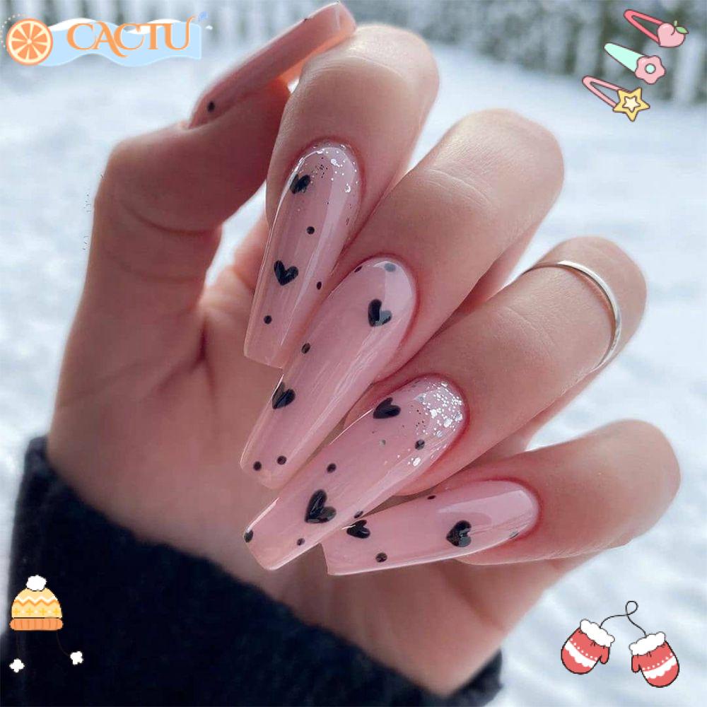 Bộ 24 Móng Tay Giả Dáng Dài Đính Trái Tim Che Phủ Toàn Diện