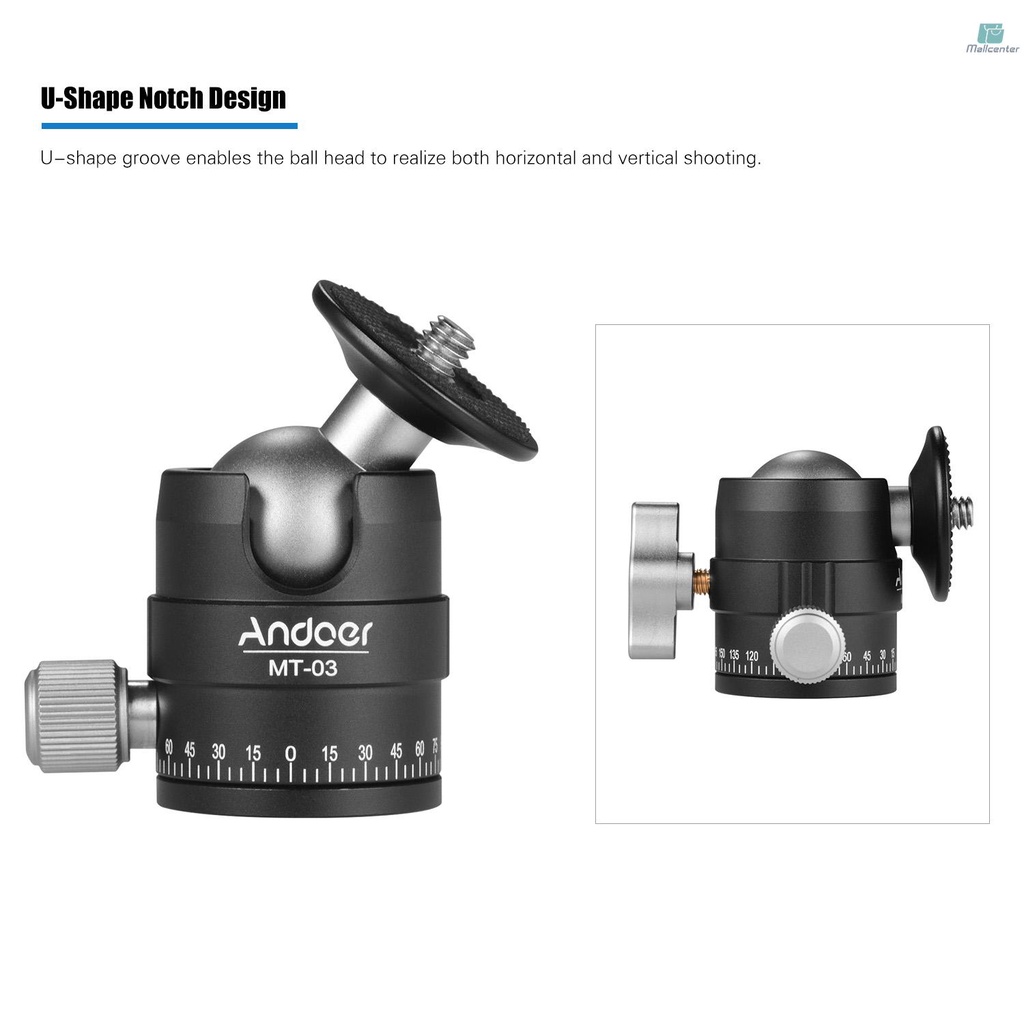 Andoer MT-03 Mini Ball Head DSLR ILDC Camera Tripod Monopd Mount Quick Release Aluminum Alloy Ballhead with U-Shaped Notch Max. Load Capacity 5KG / 11LB Photographing Accessories