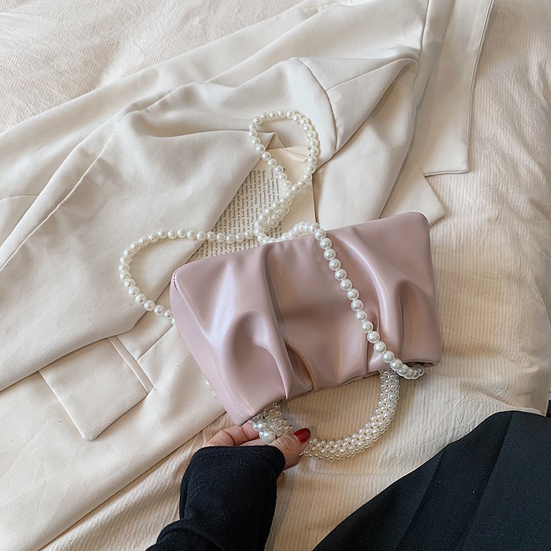 Túi Đeo Chéo Hình Đám Mây Xếp Ly Đính Ngọc Trai Thời Trang Dễ Phối Đồ Cho Nữ