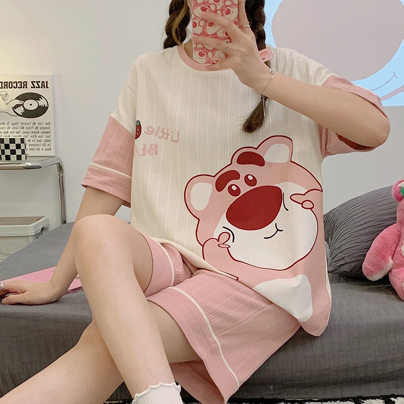 Bộ Đồ Ngủ Cotton Cổ Tròn Tay Ngắn Họa Tiết Hoạt Hình Thời Trang Mùa Hè 6535