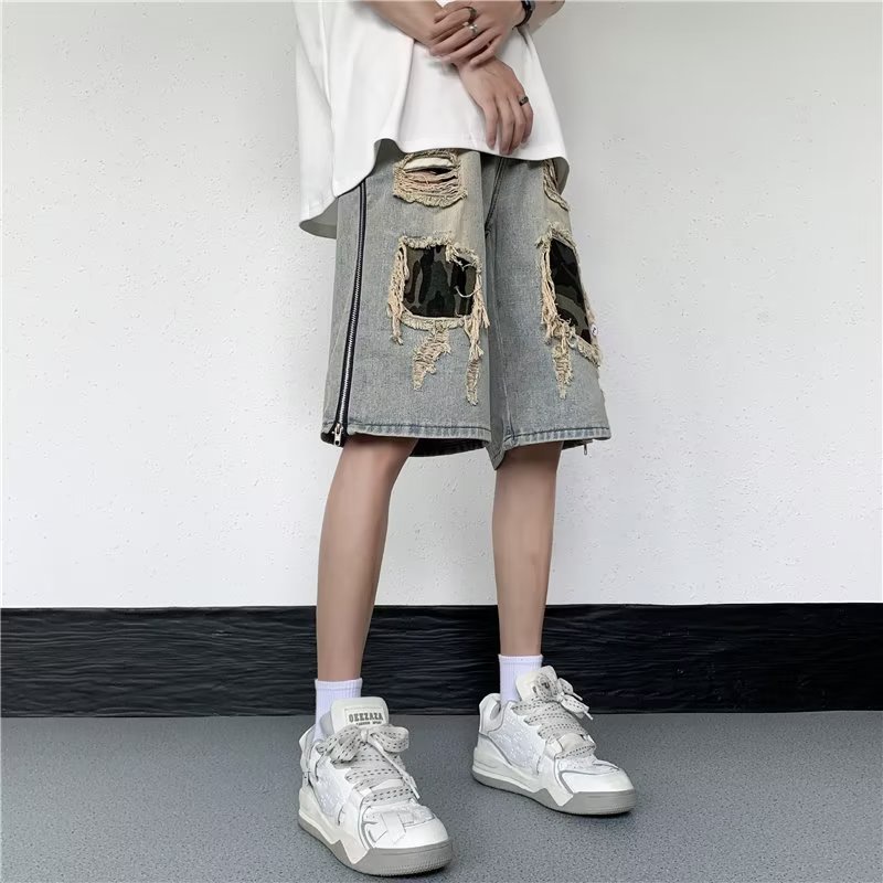 Quần Short Denim Họa Tiết Rằn Ri Phong Cách Đường Phố Mùa Hè Cho Nam