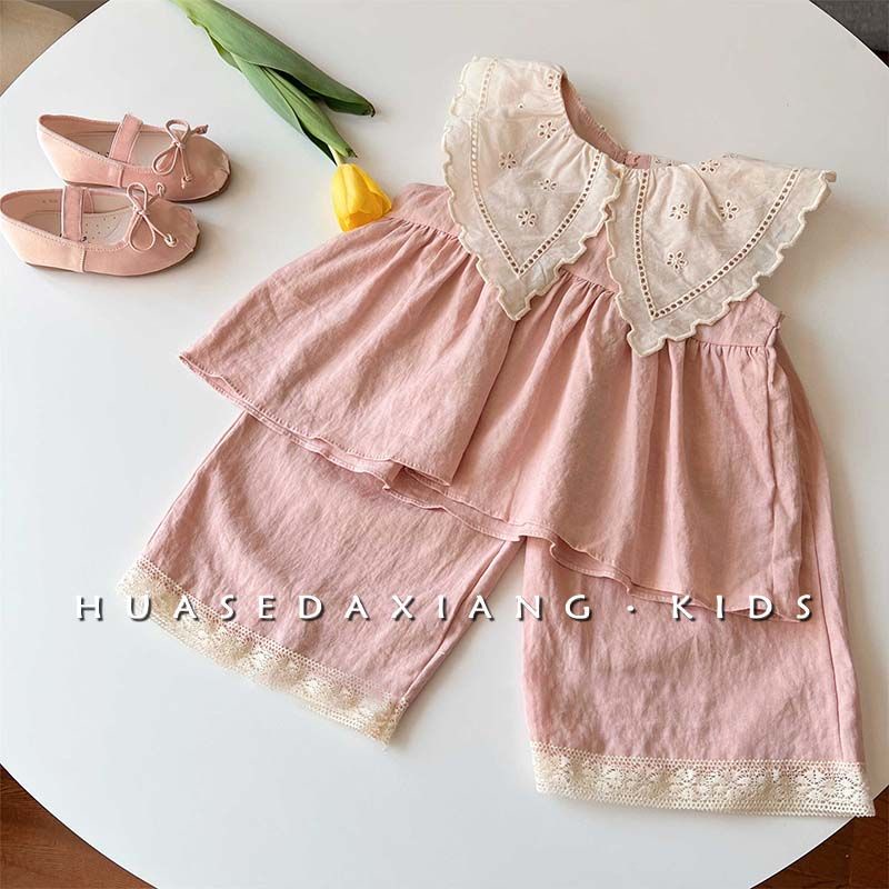 Bộ Áo Sát Nách Cổ Bẻ Phối Quần Ren Rỗng Cỡ Lớn Kiểu Retro Hàn Quốc Thời Trang Mùa Hè 2023 Cho Bé Gái
