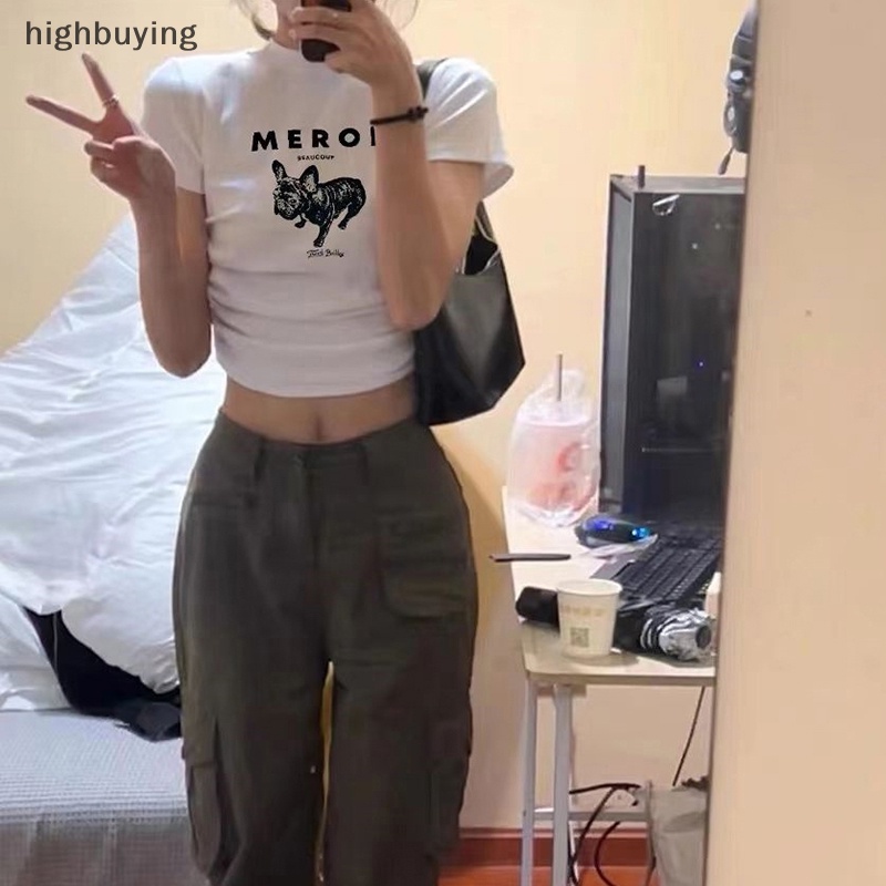 Áo Thun Lửng Ngắn Tay Cổ Tròn In Hình Chó Hoạt Hình Phong Cách Retro Mỹ Cho Nữ