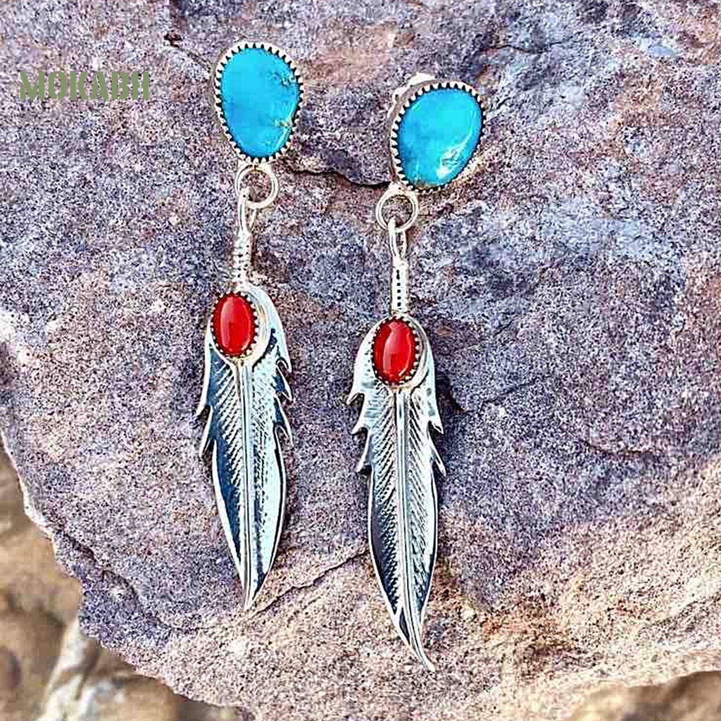 1 Đôi Bông Tai Hình Lông Vũ Đính Đá Ngọc Lam Nhân Tạo Dáng Dài Thanh Lịch Dành Cho Nữ