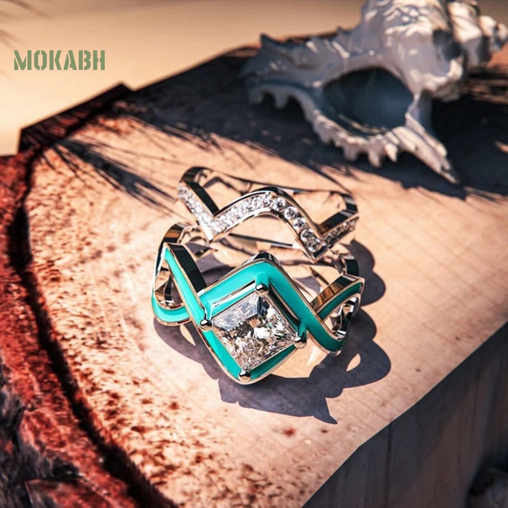 [Mok Abh] Nhẫn Hai Lớp Đính Đá Ngọc Lam Nhân Tạo Hình Sóng Biển Phong Cách Vintage Cho Nữ