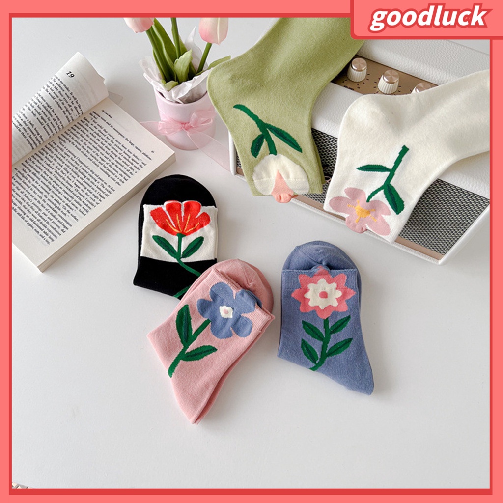 1 Đôi Vớ Mềm Co Giãn Thoáng Khí Chống Trượt Và Thấm Hút Mồ Hôi In Hình Hoa Tulip Dành Cho Nữ