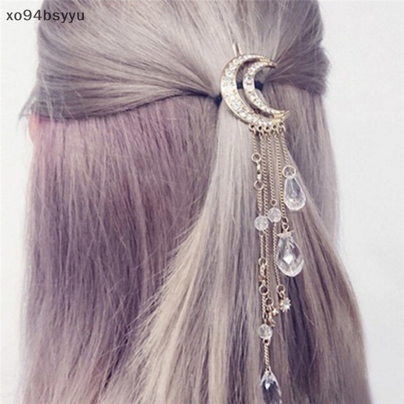 Trâm Cài Tóc Xo94Bsyu Hình Mặt Trăng Đính Đá Phối Tua Rua Màu Vàng / Bạc Phong Cách Vintage Cho Nữ