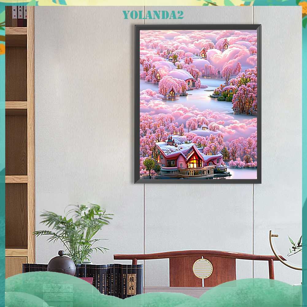 Tranh Đính Đá Kim Cương Toàn Bộ 5D DIY Hình Vẽ Biệt Thự Núi Và Hoa