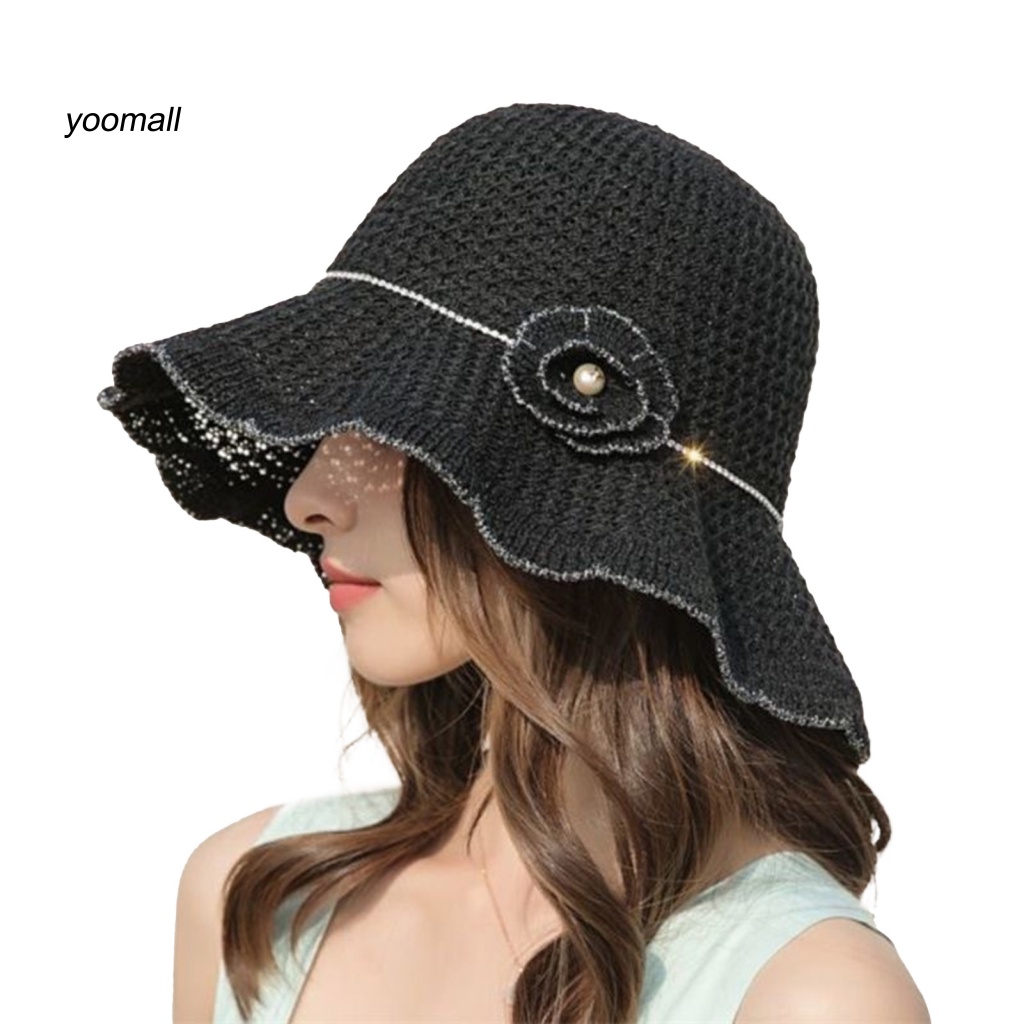 Mũ Bucket Vành Lớn Thoáng Khí Đính Ngọc Trai Giả Thời Trang Cho Nữ