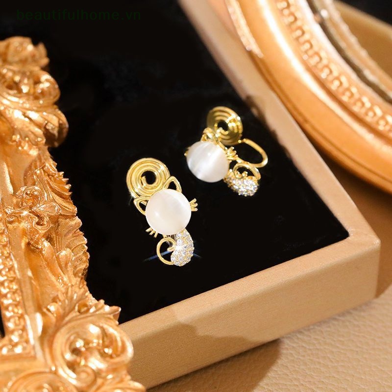 [beautifulhome] Khuyên Tai Hình Mèo Đính Đá Opal Giả Lấp Lánh Phong Cách Hàn Quốc Thời Trang Cho Nữ [beauty]