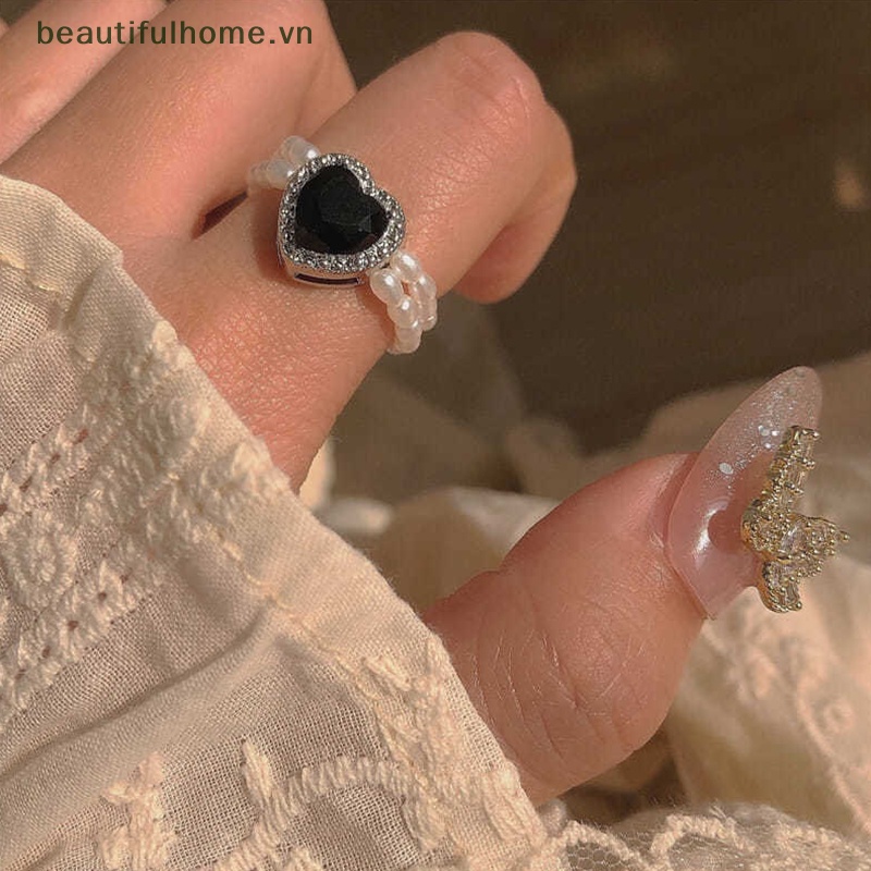 [beautifulhome] Nhẫn Hai Lớp Đính Ngọc Trai Giả Thanh Lịch Hình Trái Tim Có Thể Điều Chỉnh Trang Sức Dự Tiệc [beauty]